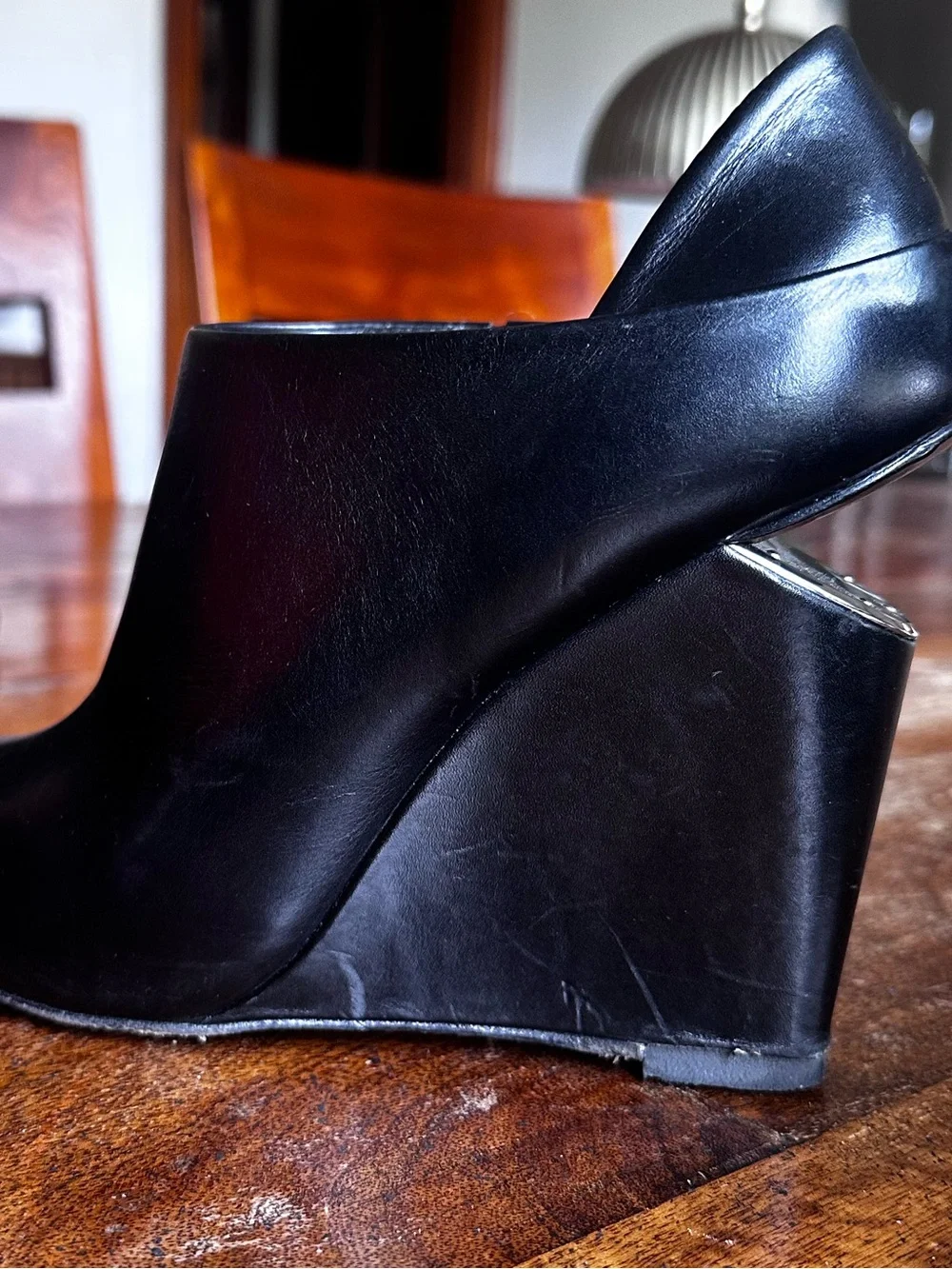 Alexander Wang Alla Black Leather Peep Toe Cutout Wedge Booties 36.5 US 6.5